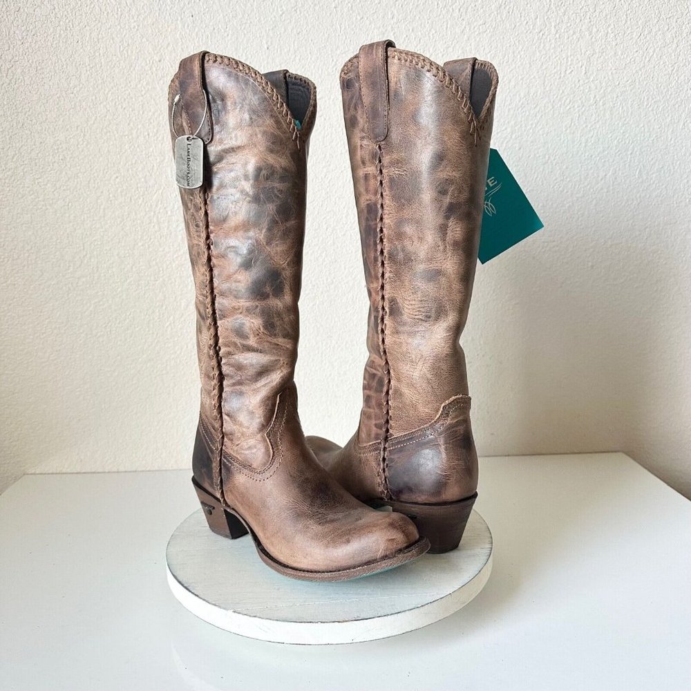 NEW Lane PLAIN JANE Womens Western Boots 8 Brown Leather Cowboy Round Toe Tall